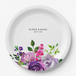 Purple Floral Elegant Wedding Paper Plate