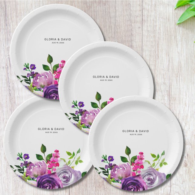 Purple Floral Elegant  Wedding  Paper Plate (Creator Uploaded)