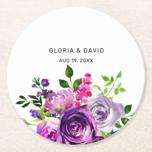 Purple Floral Elegant  Wedding  Round Paper Coaster