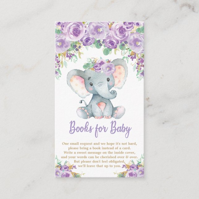 Purple Floral Elephant Baby Bring a Book Enclosure Card (Front)