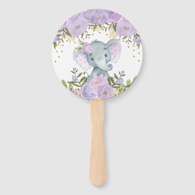 Purple Floral Elephant Baby Shower Birthday Hand Fan (Front)