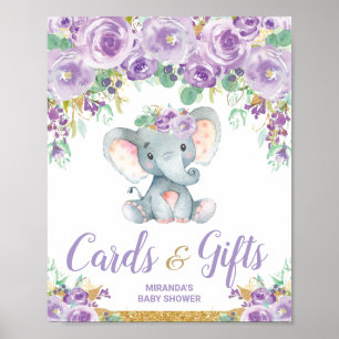 Purple Floral Elephant Baby Shower Cards Gifts Poster