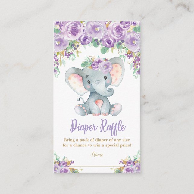 Purple Floral Elephant Baby Shower Diaper Raffle Enclosure Card (Front)
