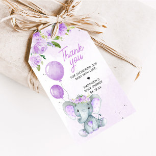 Purple Floral Elephant Baby Shower Favour Tags