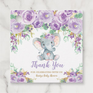 Purple Floral Elephant Baby Shower Girl Thank You Favour Tags