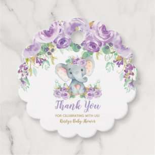 Purple Floral Elephant Baby Shower Girl Thank You Favour Tags