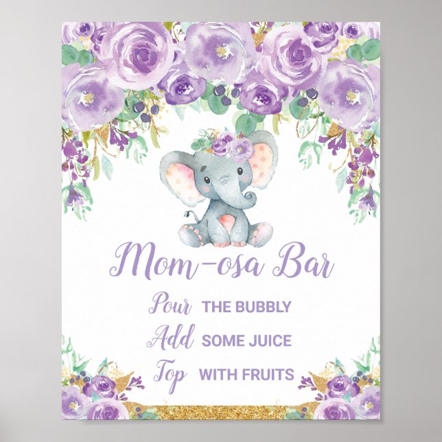 Purple Floral Elephant Baby Shower Momosa Bar Sign (Front)