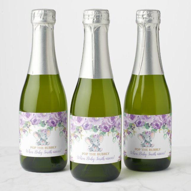 Purple Floral Elephant Baby Shower Pop the Bubbly Sparkling Wine Label (Bottles)