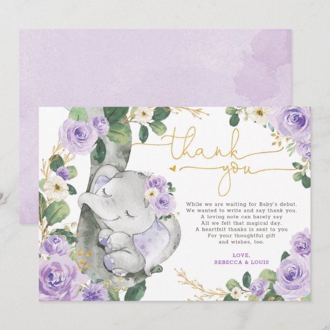 Purple Floral Elephant Baby Shower Thank You Card (Front/Back)