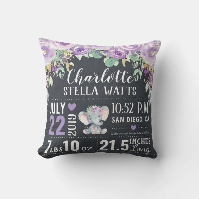 Purple Floral Elephant New Baby Girl Birth Stats Cushion (Front)