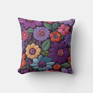 Purple Floral Embroidery Style Cushion