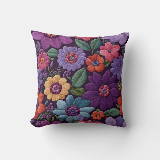 Purple Floral Embroidery Style Cushion (Front)
