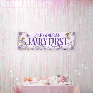 Purple Floral Fairy First Birthday Banner