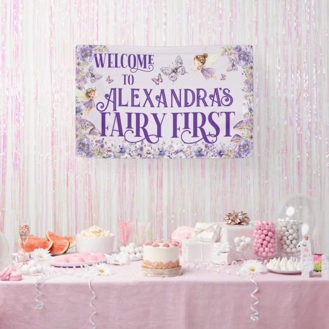 Purple Floral Fairy First Birthday Welcome Banner (Party)