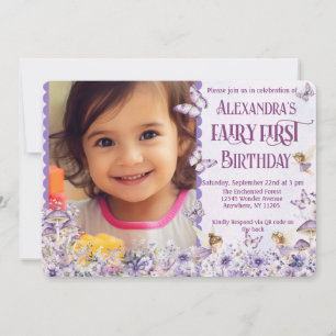 Purple Floral Fairy First QR Code Photo Birthday Invitation