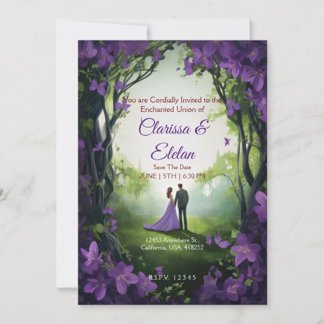 Purple floral fairytales wedding invitation (Front)