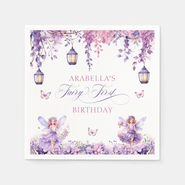 Purple Floral Fantasy Fairy First Birthday Napkin (Front)