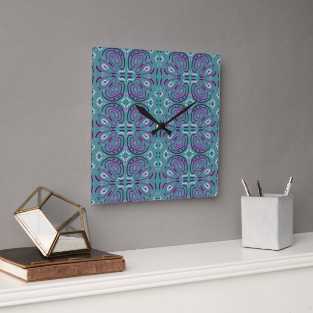 Purple Floral Feminine Flower Pattern on Turquoise Square Wall Clock (Office)