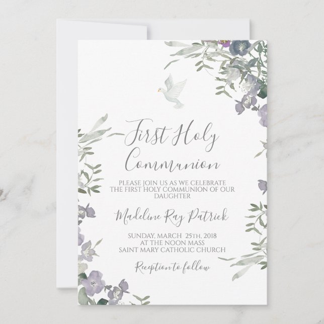 Purple Floral First Communion Invitation (Front)