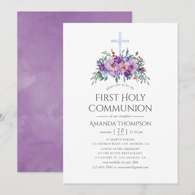 Purple Floral First Holy Communion Invitation (Front/Back)