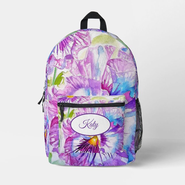 Purple Floral Flower Pansy Watercolor Backpack (Front)