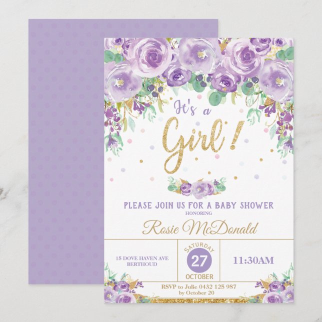 Purple Floral Flowers Baby Shower It's a Girl Invitation (Front/Back)
