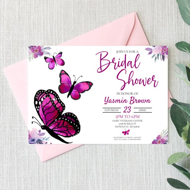Purple Floral Flowers Butterfly Bridal Shower Invitation (Creator Uploaded)