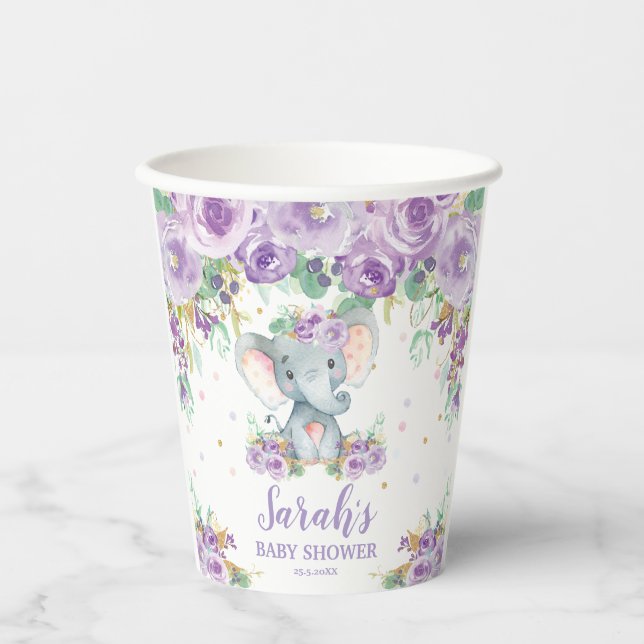 Purple Floral Flowers Cute Elephant Baby Shower Paper Cups (Front)