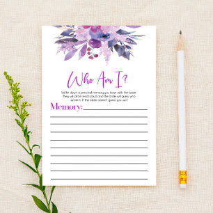 Purple Floral Flowers Who Am I Bridal Shower Game Stationery