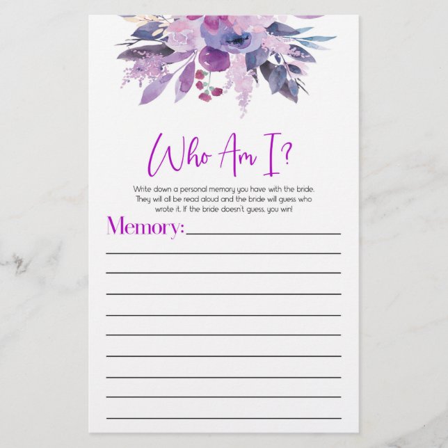 Purple Floral Flowers Who Am I Bridal Shower Game Stationery (Front)