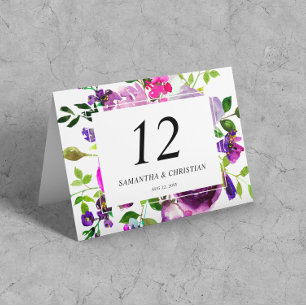 Purple Floral Folded Tent Wedding Table Number 