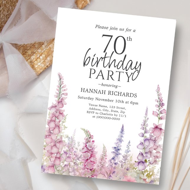 Purple Floral Foxglove 70th Birthday  Invitation (Creator Uploaded)