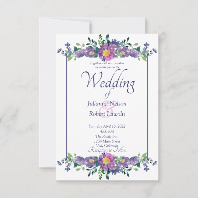 Purple floral frame wedding invitation (Front)