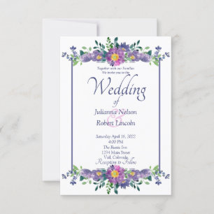 Purple floral frame wedding invitation