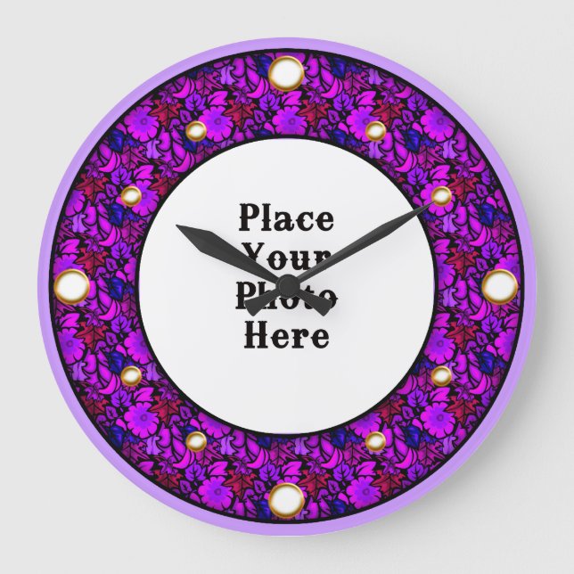 Purple Floral Frame Your Photo Wall Clock (Front)