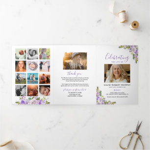 Purple Floral Funeral Memorial Program Tri-Fold Invitation