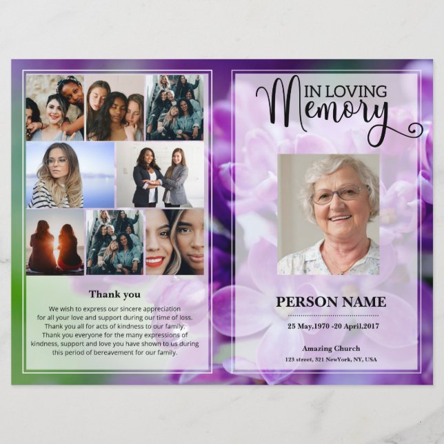 Purple Floral Funeral Program template (Front)