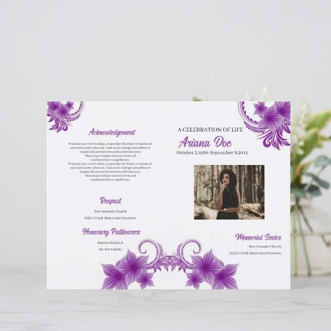 Purple Floral Funeral Program Template (Standing Front)