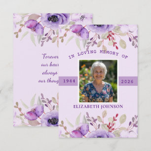 Purple Floral Funeral Sympathy Memorial Photo Card