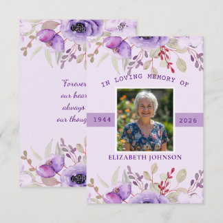Purple Floral Funeral Sympathy Memorial Photo Card