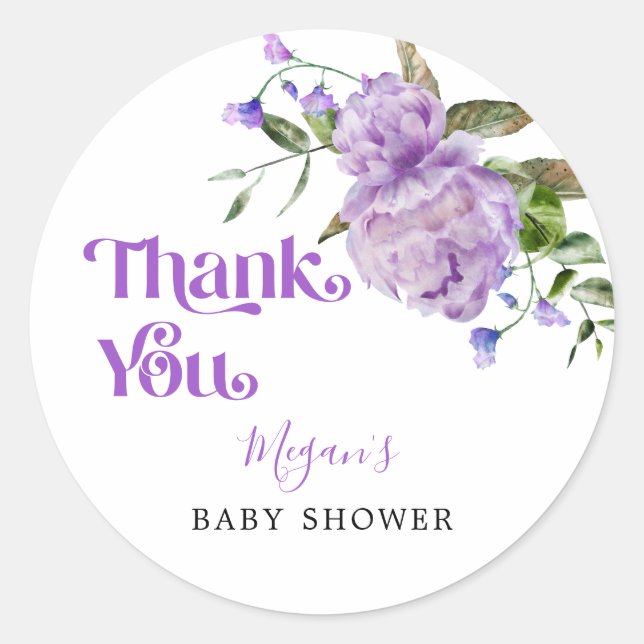Purple Floral Garden Baby Shower Favour Classic Round Sticker (Front)