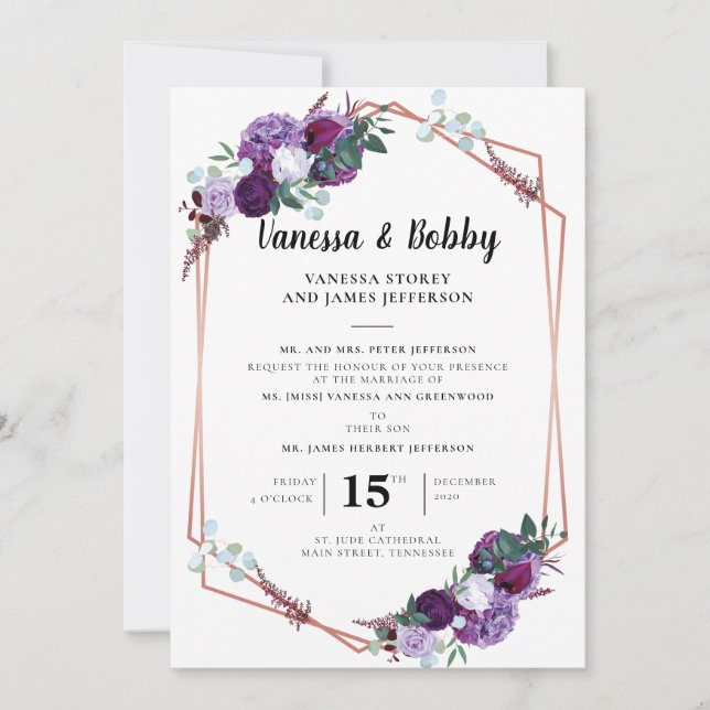 Purple Floral Geometric Bloom Wedding Invitation (Front)