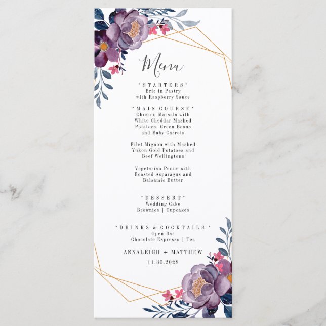 Purple Floral Geometric Botanical Modern Wedding Menu (Front)