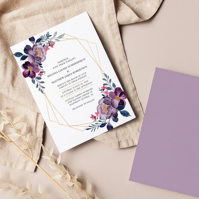 Purple Floral Geometric Botanical Wedding Invitation (Purple Flowers Geometric Wedding Invitation)