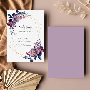 Purple Floral Geometric Botanical Wedding RSVP Card