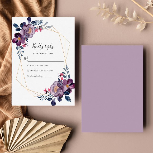 Purple Floral Geometric Botanical Wedding RSVP Card (Purple Floral Navy Blue Flowers Wedding RSVP Card)