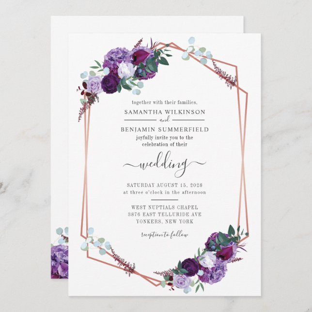 Purple Floral Geometric Modern Greenery Wedding Invitation (Front/Back)