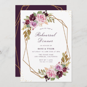 purple floral geometric rehearsal dinner invitation