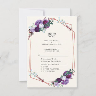 Purple Floral Geometric Rose Gold Frame Wedding RSVP Card