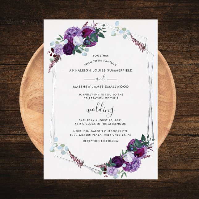 Purple Floral Geometric Rose Gold Wedding Silver (Purple Floral Silver Foil Geometric Script Wedding Invitation)